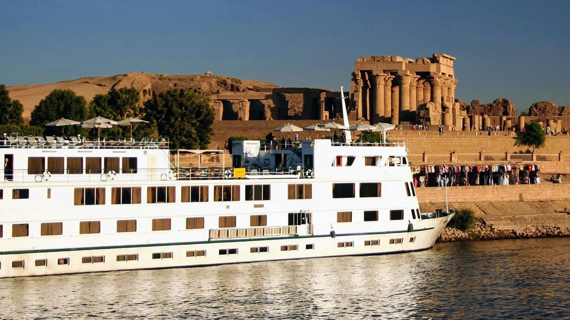 A Nile Cruiser docked at the Kom Ombo Temple on the River Nile