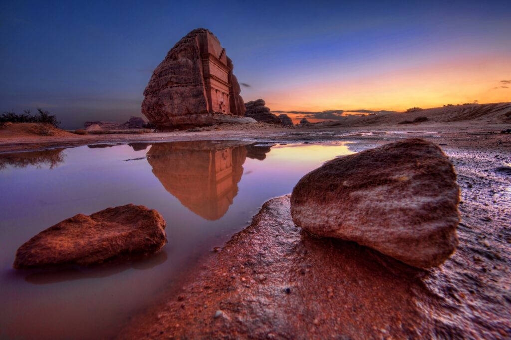 A beautiful view of the heritage landmark Madain Saleh one of the historical buildings in Al Ula Saudi Arabia