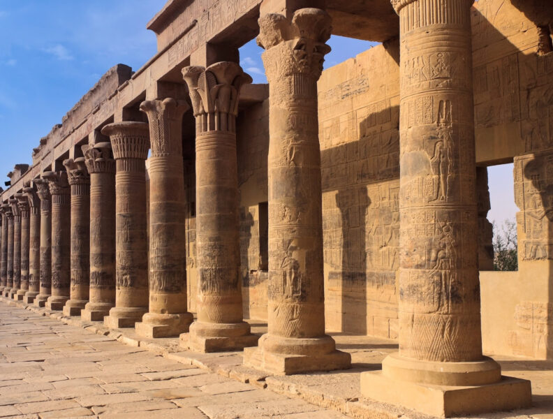 A colonnade of ancient Egyption columns at philae Temple near Aswan