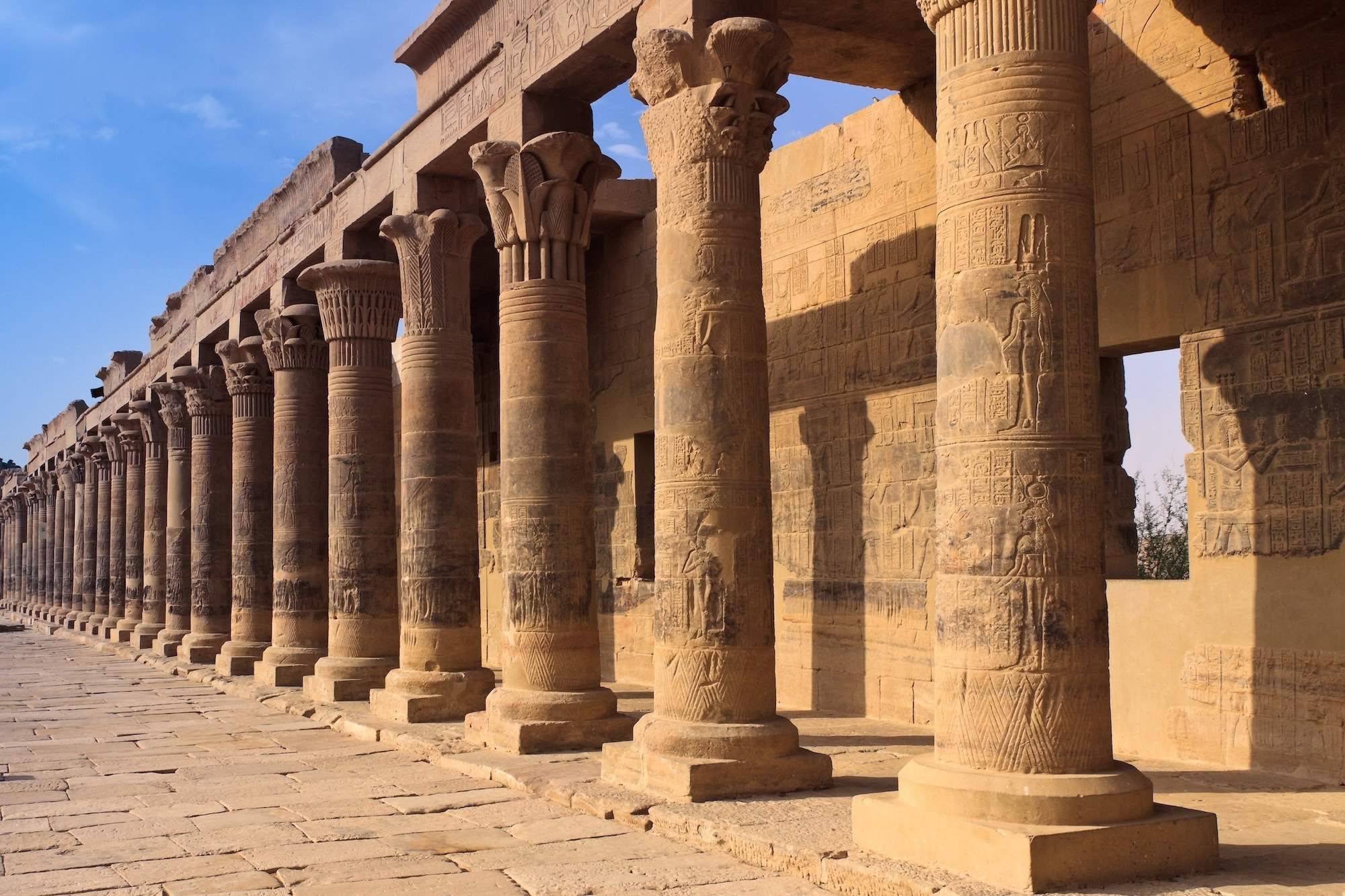 A colonnade of ancient Egyption columns at philae Temple near Aswan