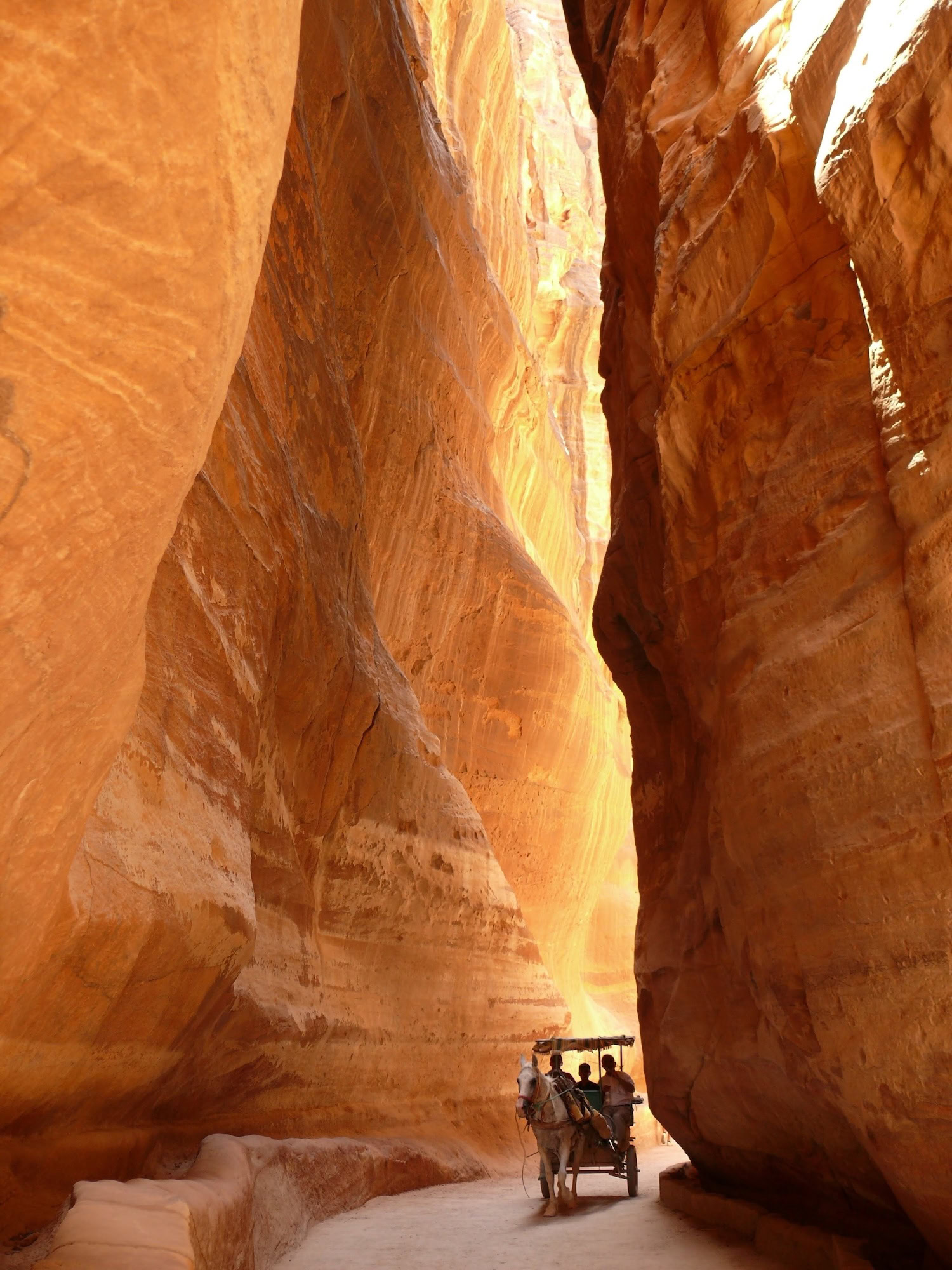 Horse-drawn carriage traveling through the narrow Siq canyon passage in Petra, Jordan