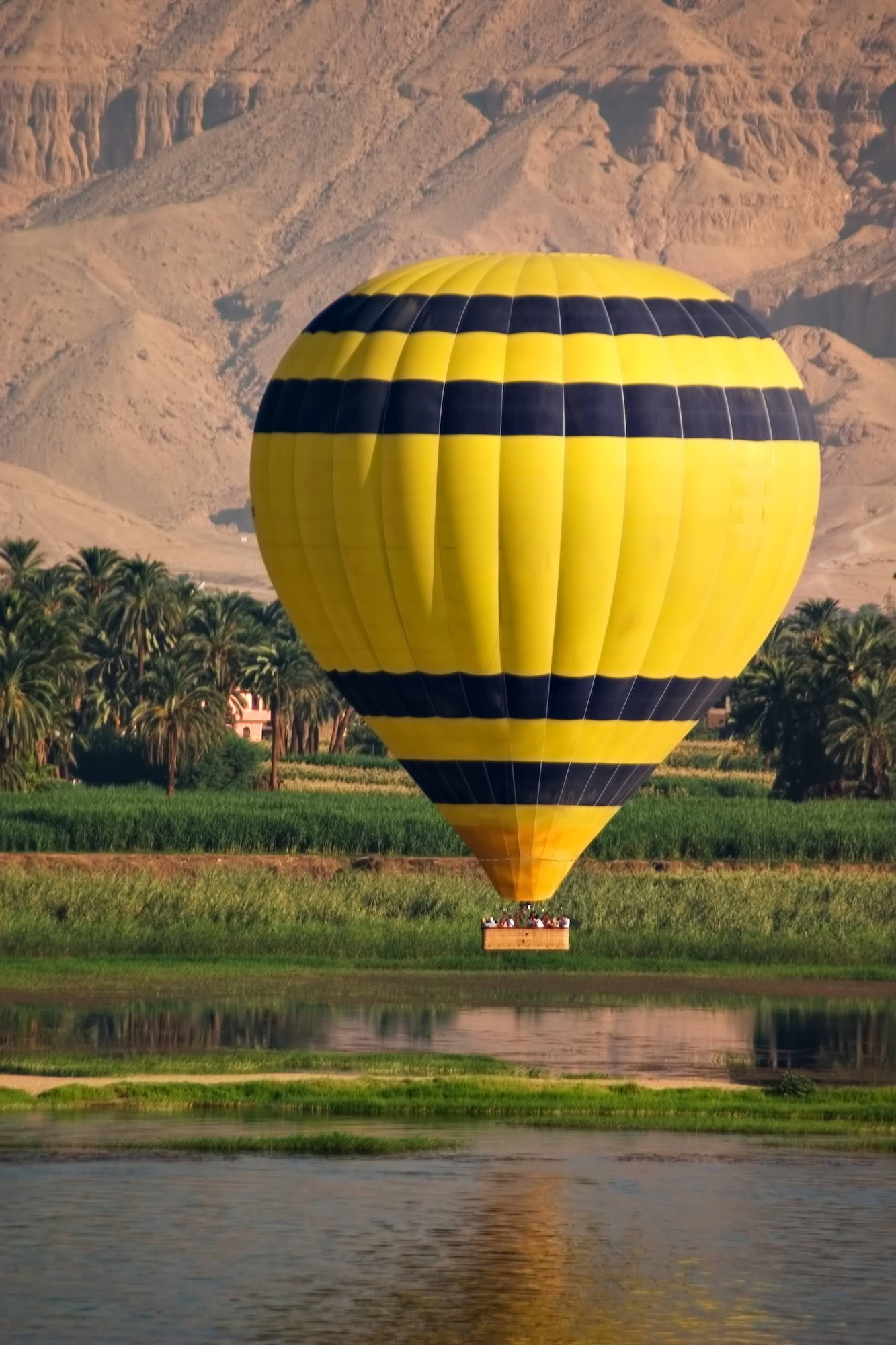 Hot air balloon floating over the Nile River with desert cliffs and palm trees