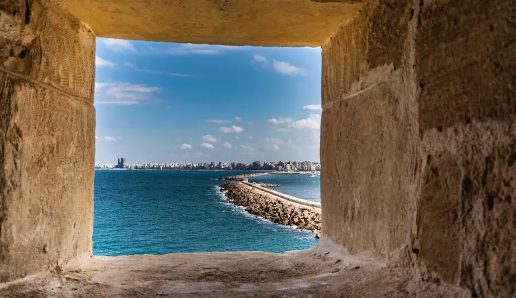 View of the Mediterranean from the Citadel of Qaitbay in Alexandria, Egypt — 15th-century Mamluk fortress built on the foundation of the ancient Pharos lighthouse, which collapsed in earthquakes between the 10th and 14th centuries