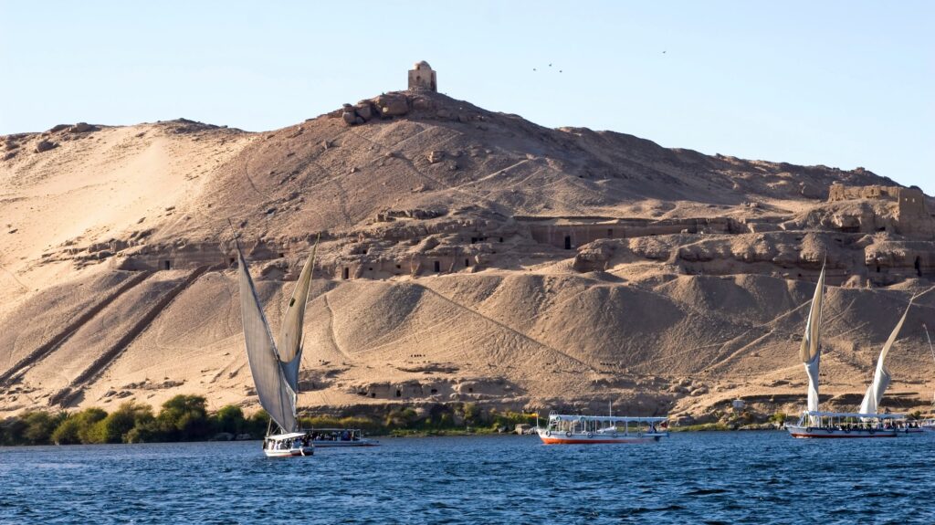 Tombs of the Nobles at Aswan, Egypt – hillside burial chambers with views over the Nile, featured on Egypt tours from San Antonio.