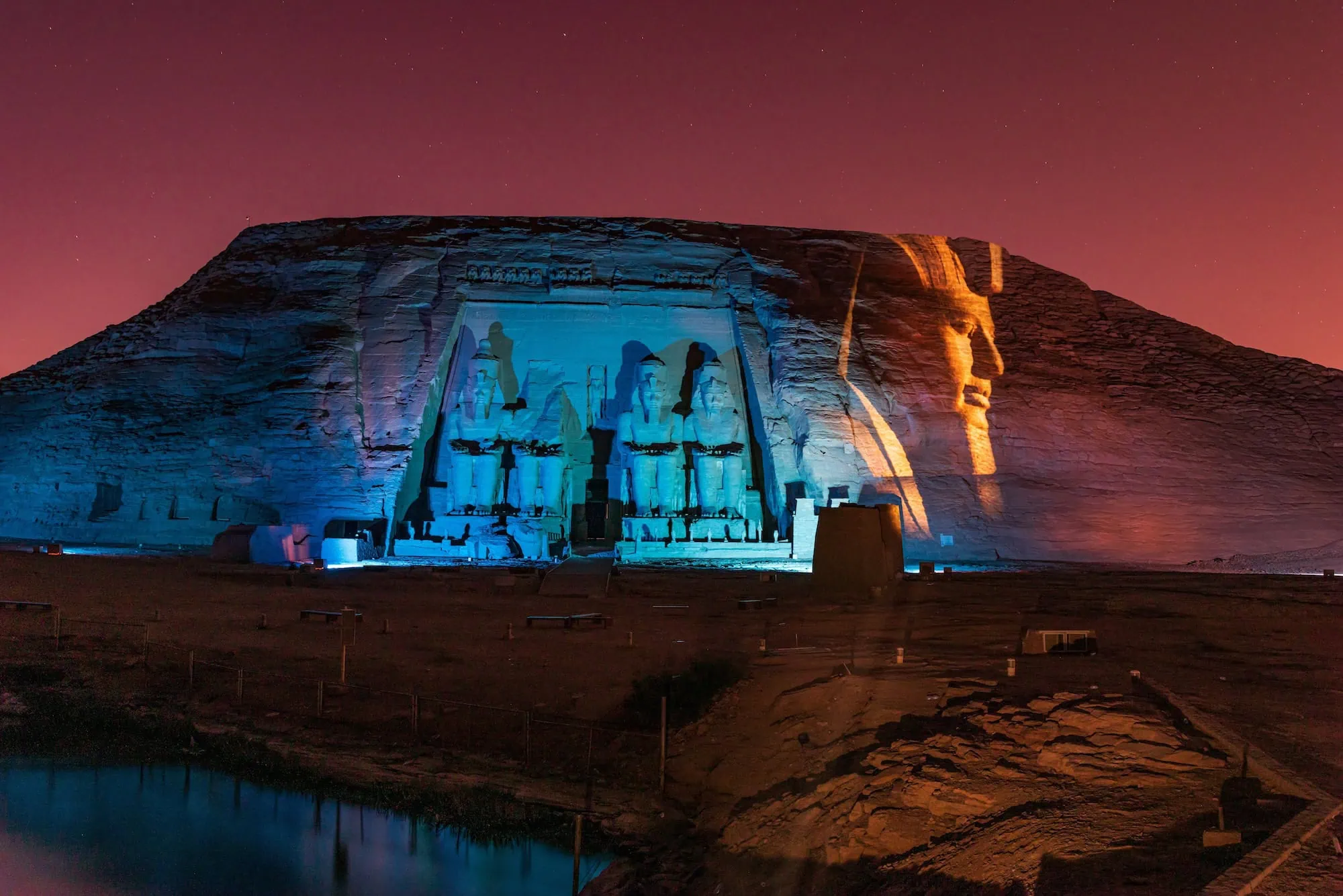 Illuminated Great Temple of Ramesses II during the night show
