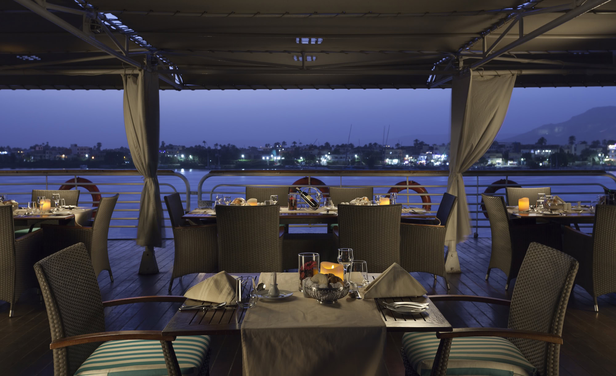 Elegant dining restaurant aboard a Nile River cruise ship in Egypt at evening