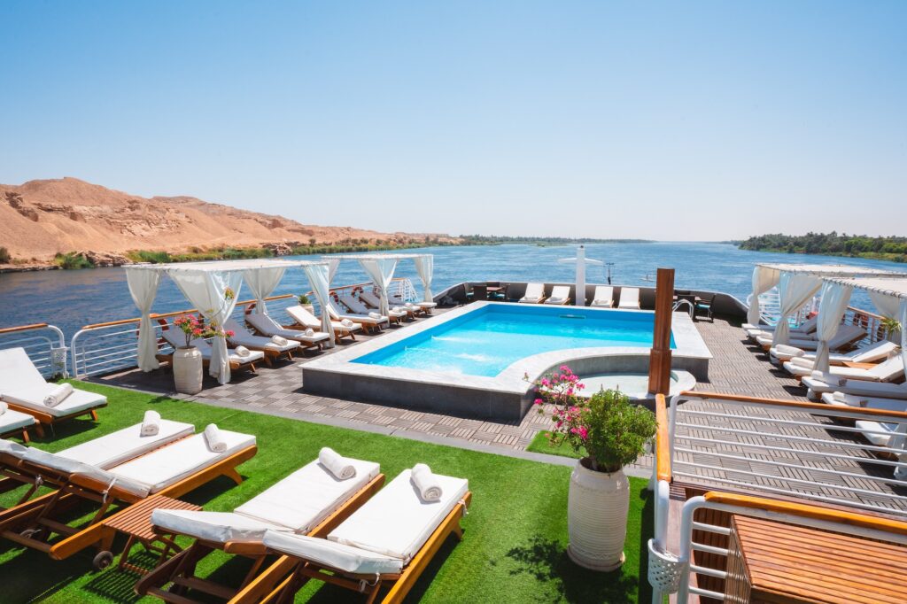 Outdoor pool on MS Amarco sun deck with loungers