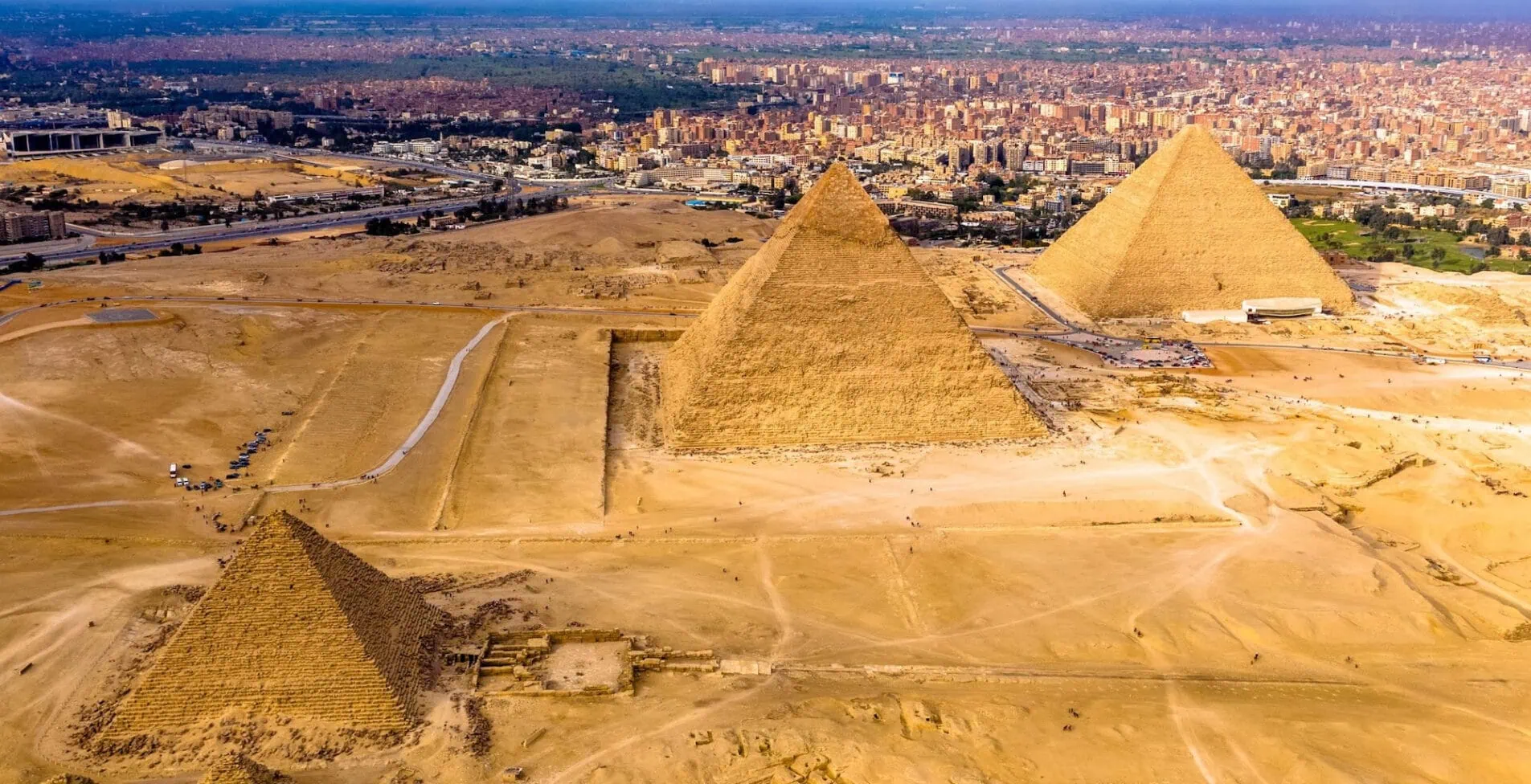 Aerial landscape view of Giza pyramids in Egypt shot by drone