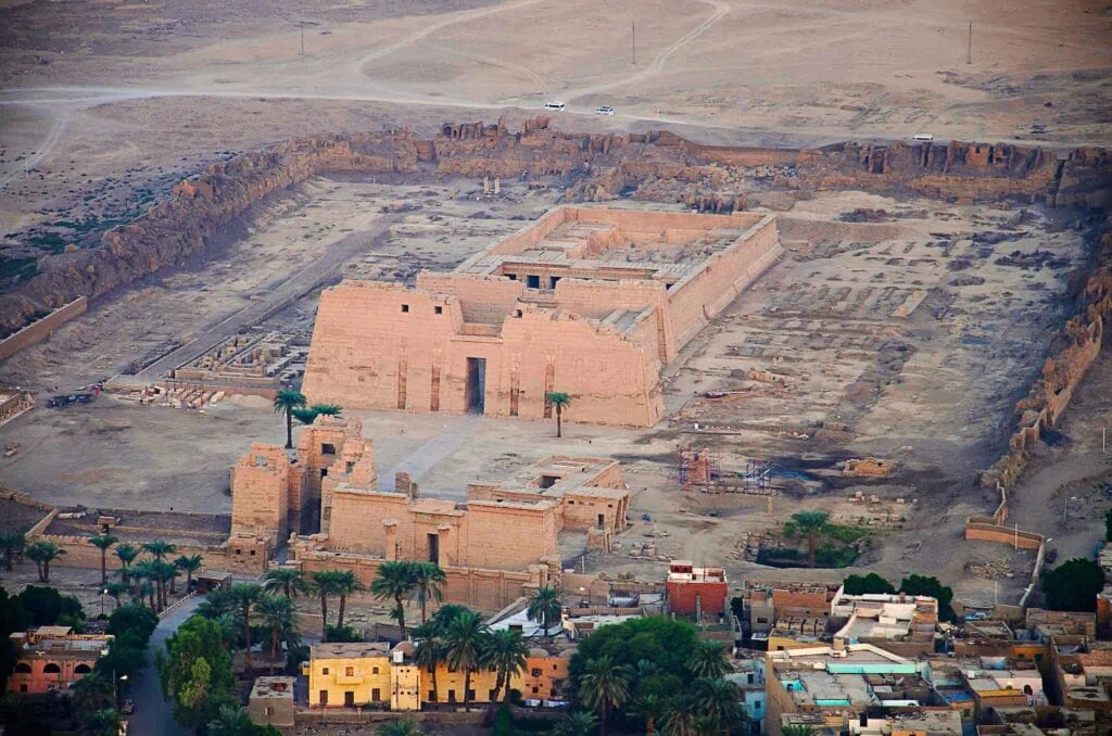 Aerial view of Luxor city and the temple of Habu for Ramses the third Medinet Habu Luxor