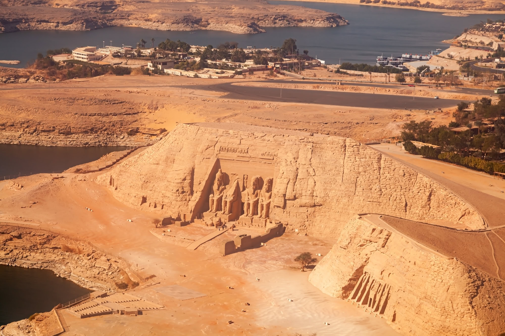 Aerial view of Abu Simbel temples relocated near Lake Nasser in Egypt