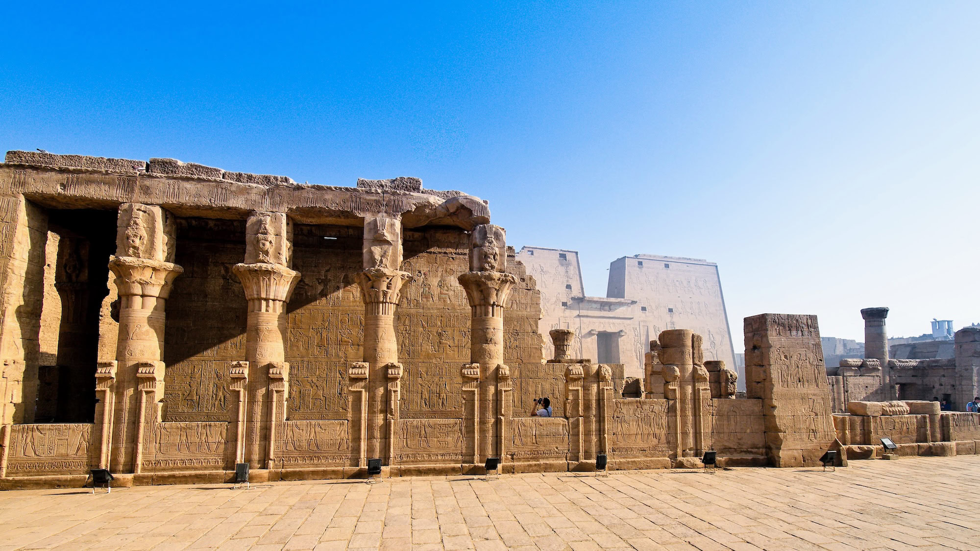 Interior columns and hieroglyphs of Edfu Temple showing ancient stone architecture