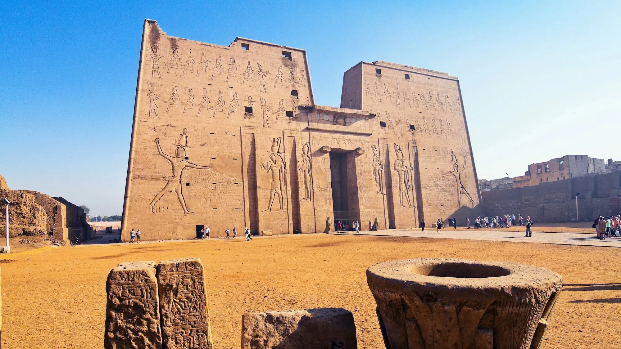Ancient Temple of Edfu showing hieroglyphic carvings, stone columns and temple structure