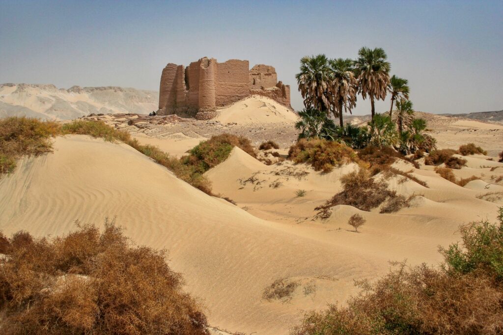 Ain Labakha Roman fortress amid sand dunes near Kharga Oasis in the Western Desert