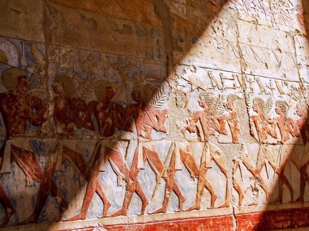 Ancient Egyptian mural paintings inside Queen Hatshepsut Temple