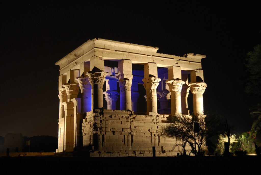 Ancient Egyptian temple of the island of Philae. Photo taken during a trip to Africa on vacation. Night light show in the temple of the island Philae