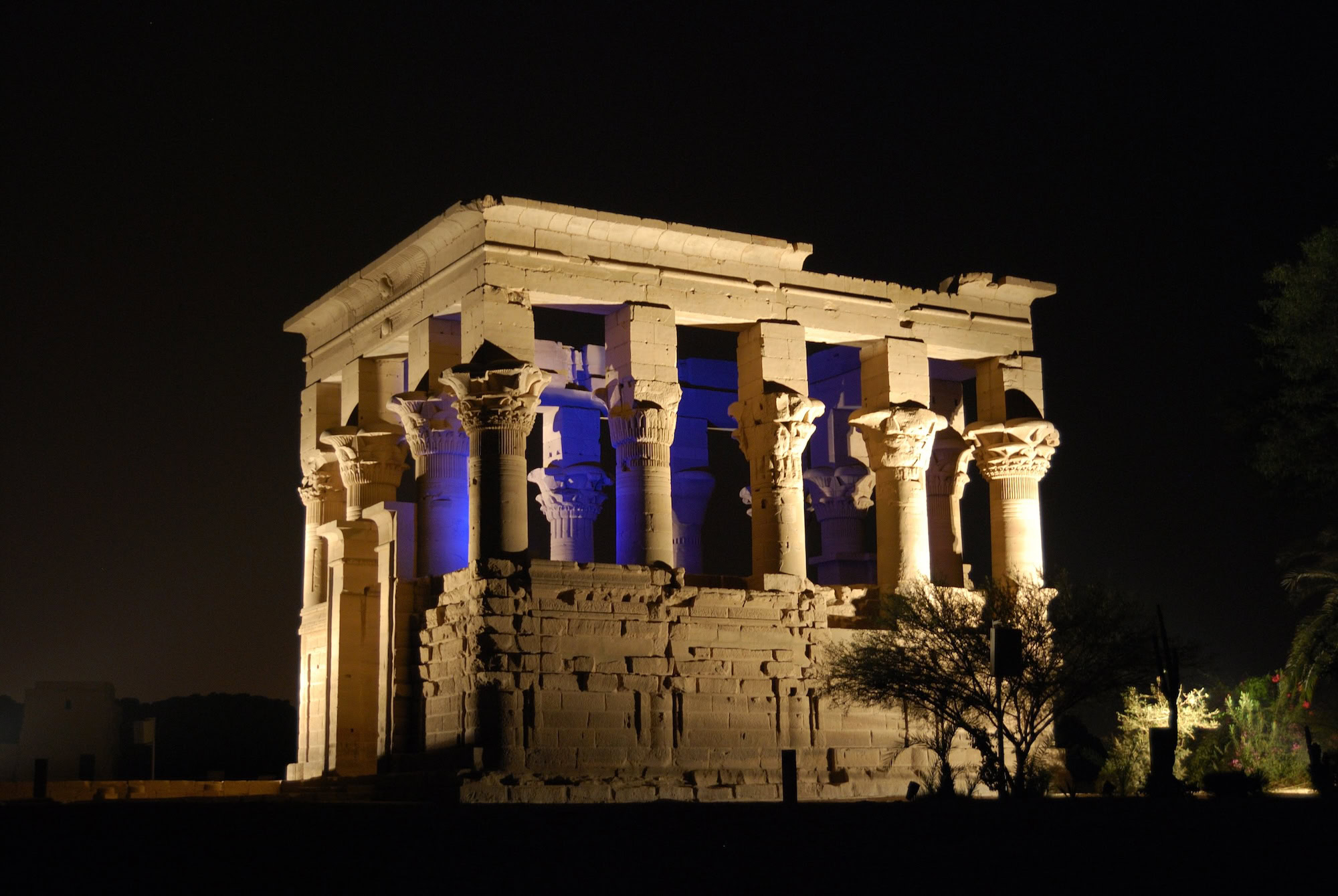 Ancient Egyptian temple of the island of Philae. Photo taken during a trip to Africa on vacation. Night light show in the temple of the island Philae