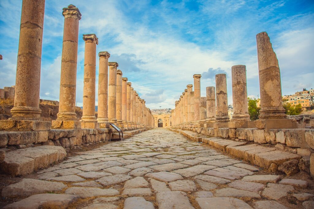 Ancient Roman ruins walkway along the columns in Jerash Jordan