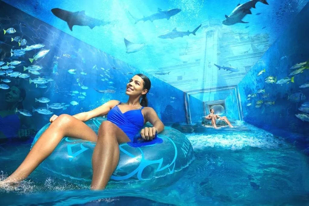 Aquaventure Waterpark showing a transparent tunnel water slide with sharks and fish swimming overhead at Atlantis The Palm, Dubai