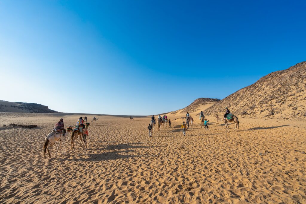 Tourists riding camels on sand dunes led by local guides