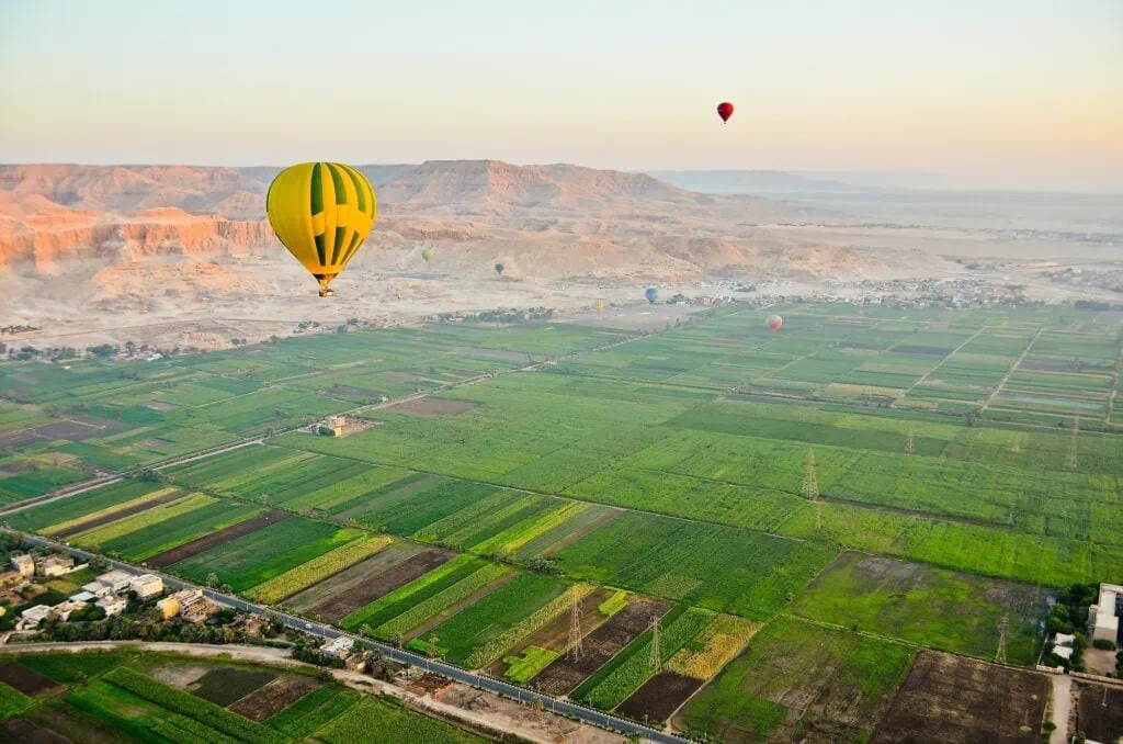 Balloons above Luxor, Egypt at dawn