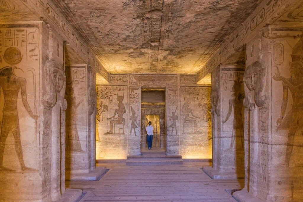 Carved walls and statues inside Nefertari Temple at Abu Simbel