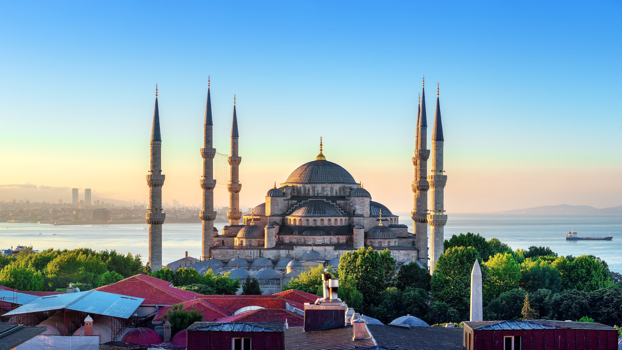 Blue Mosque with minarets and dome overlooking historic Sultanahmet district in Istanbul