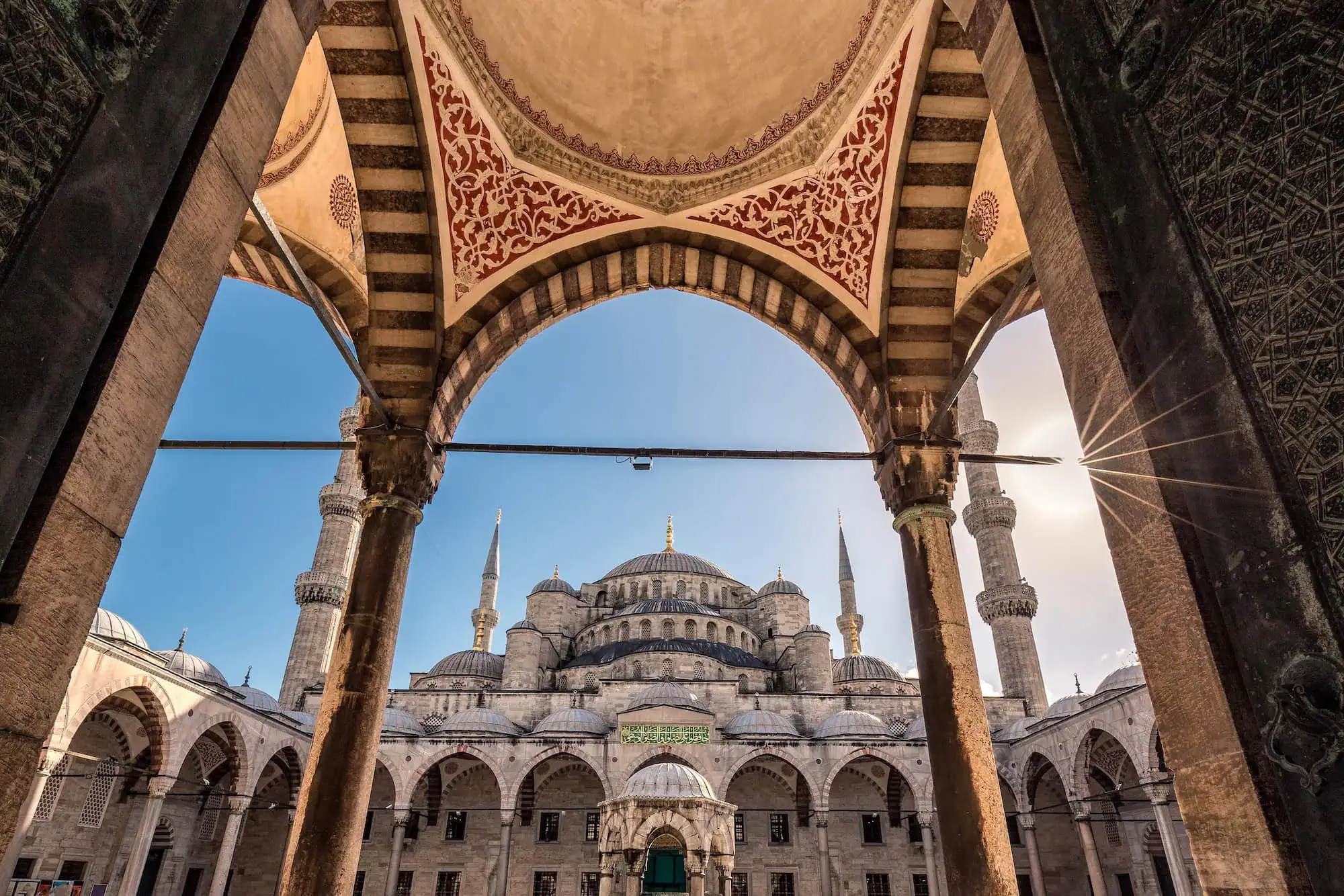 Interior courtyard view of Blue Mosque showing Ottoman architecture with domes and minarets