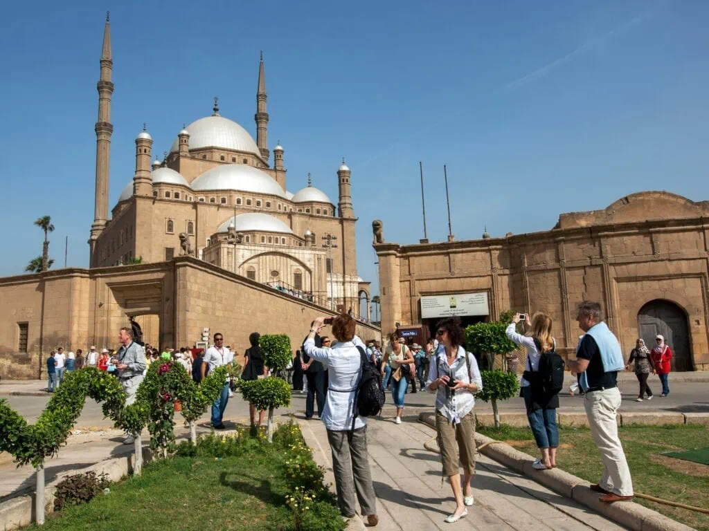 View of the Citadel of Saladin and the domes and minarets of the Mosque of Muhammad Ali atop Mokattam Hill in Cairo, Egypt — 12th-century fortress and 19th-century Ottoman-era mosque overlooking the medieval quarter