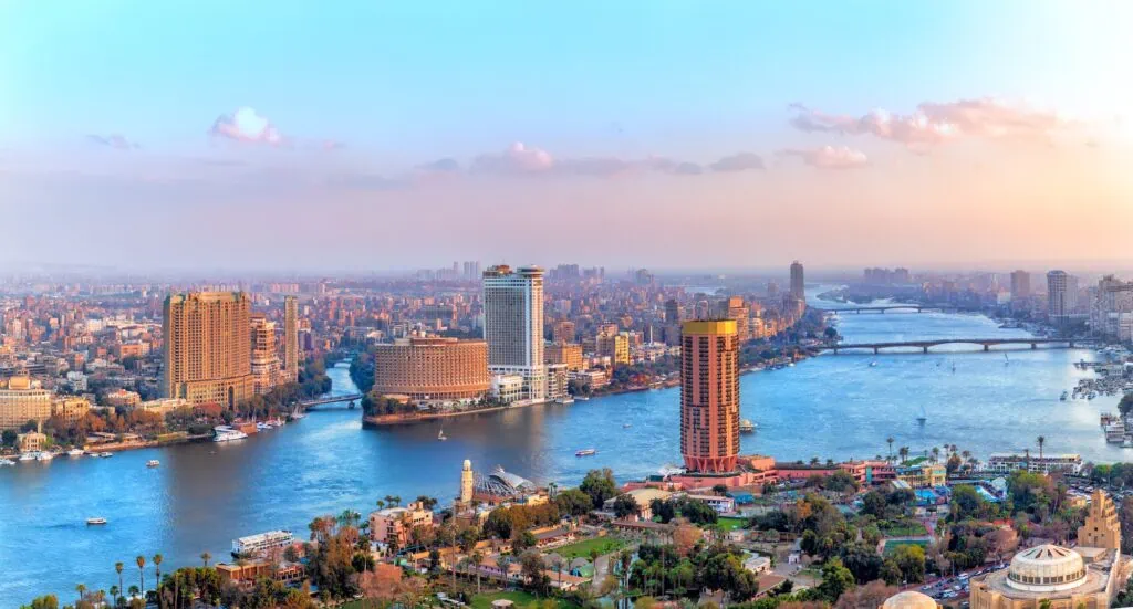 The Nile through Downtown Cairo, lined with riverside hotels and historic bridges