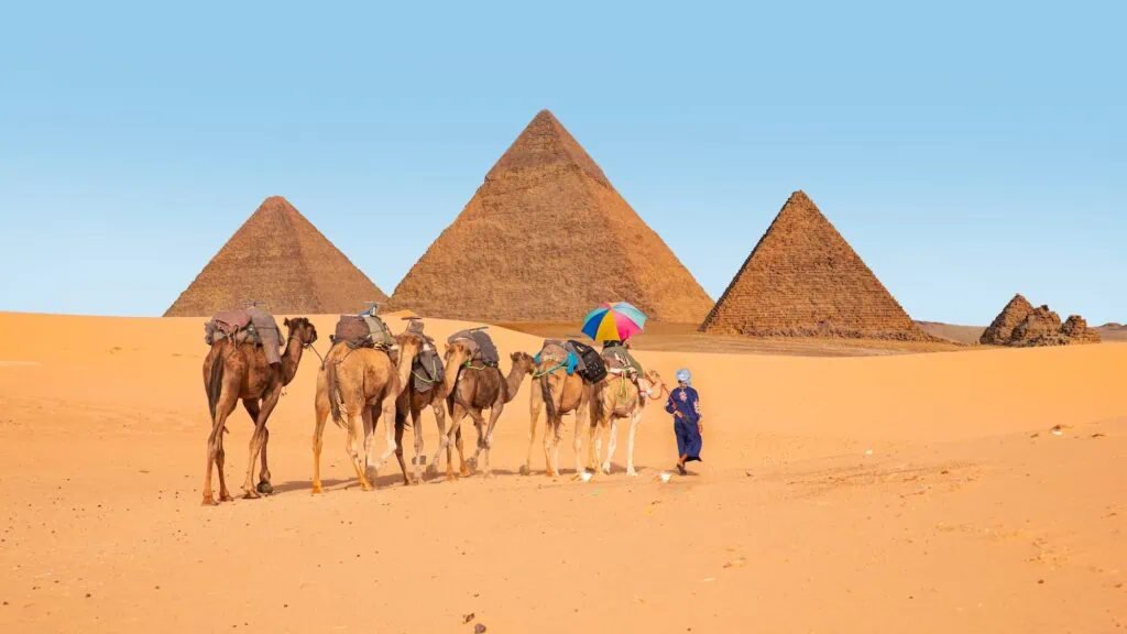 Camel riders passing in front of the pyramids on the desert plateau, Pyramids of Giza, Giza