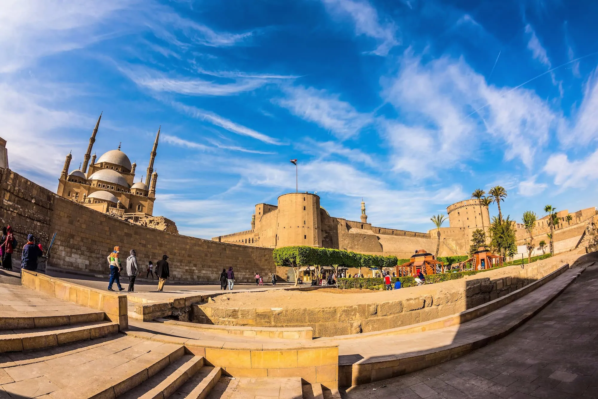 Historic Citadel of Saladin in Cairo showing mosque with minarets and fortress walls