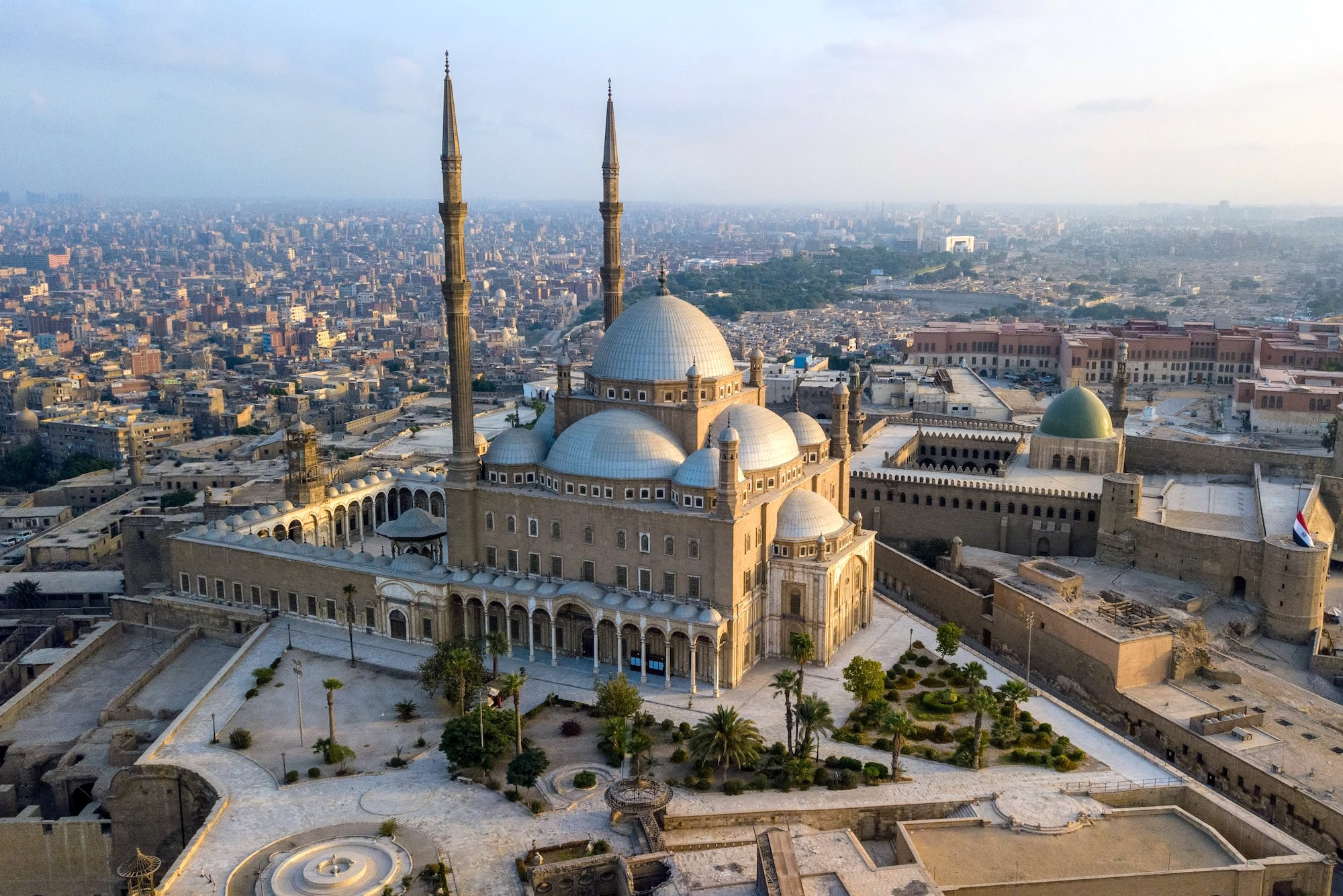 Aerial view of Cairo's Citadel of Saladin showing fortress walls, mosque with minarets and domes