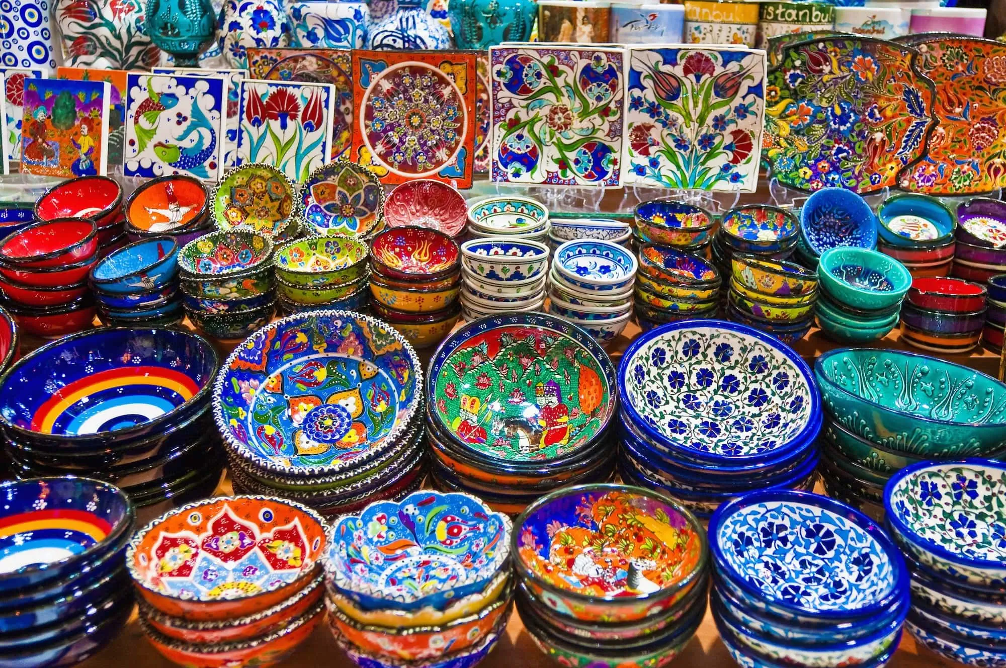 Colorful traditional Turkish ceramics and pottery with Ottoman patterns at Spice Bazaar