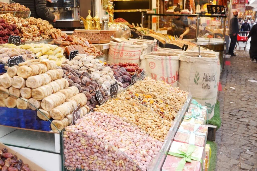 Market stall with colorful display of nuts and dried fruits in Istanbul
