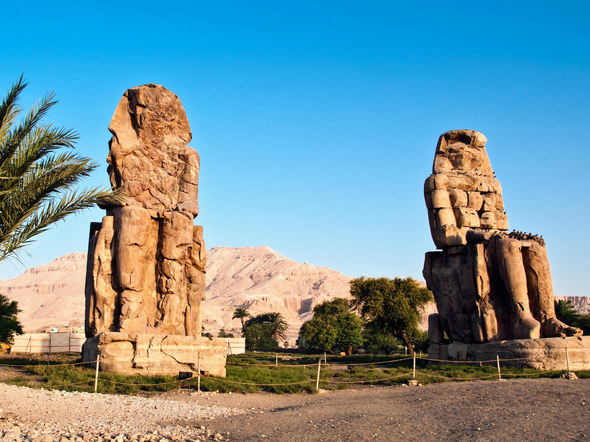 Two massive ancient Egyptian sandstone statues (Colossi of Memnon) standing in desert under blue sky