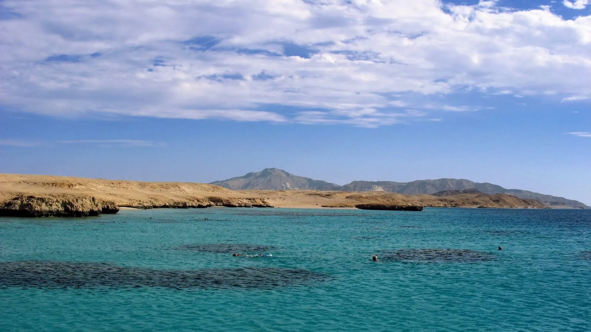 People snorkeling in crystal clear Red Sea waters with coral reefs visible beneath the surface