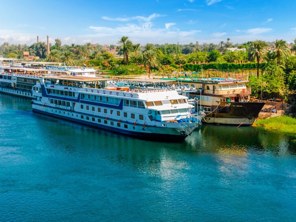 Cruise ship on the Nile river. Cairo. Giza. Egypt. Travel background. Vacation holidays background wallpaper