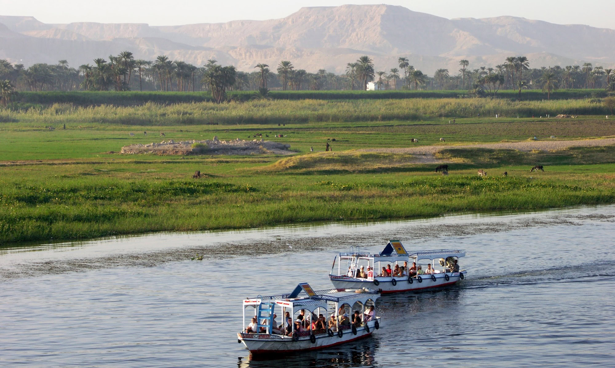 Turistas disfrutando actividades variadas en el río Nilo con barcos y paisaje
