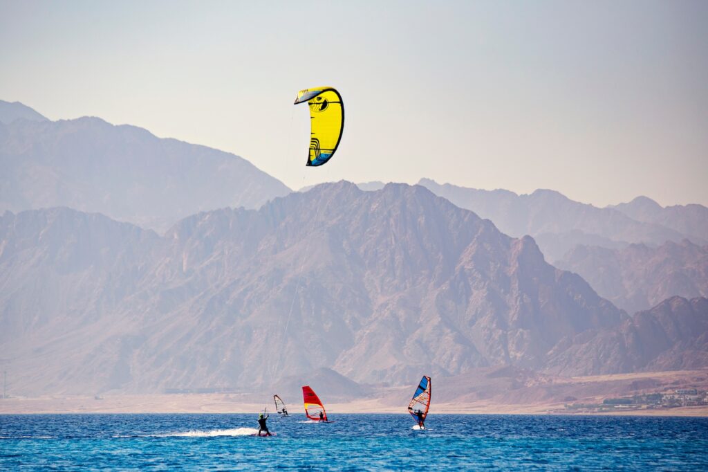 Daytime panoramic shot of a kite surfer on the Red Sea