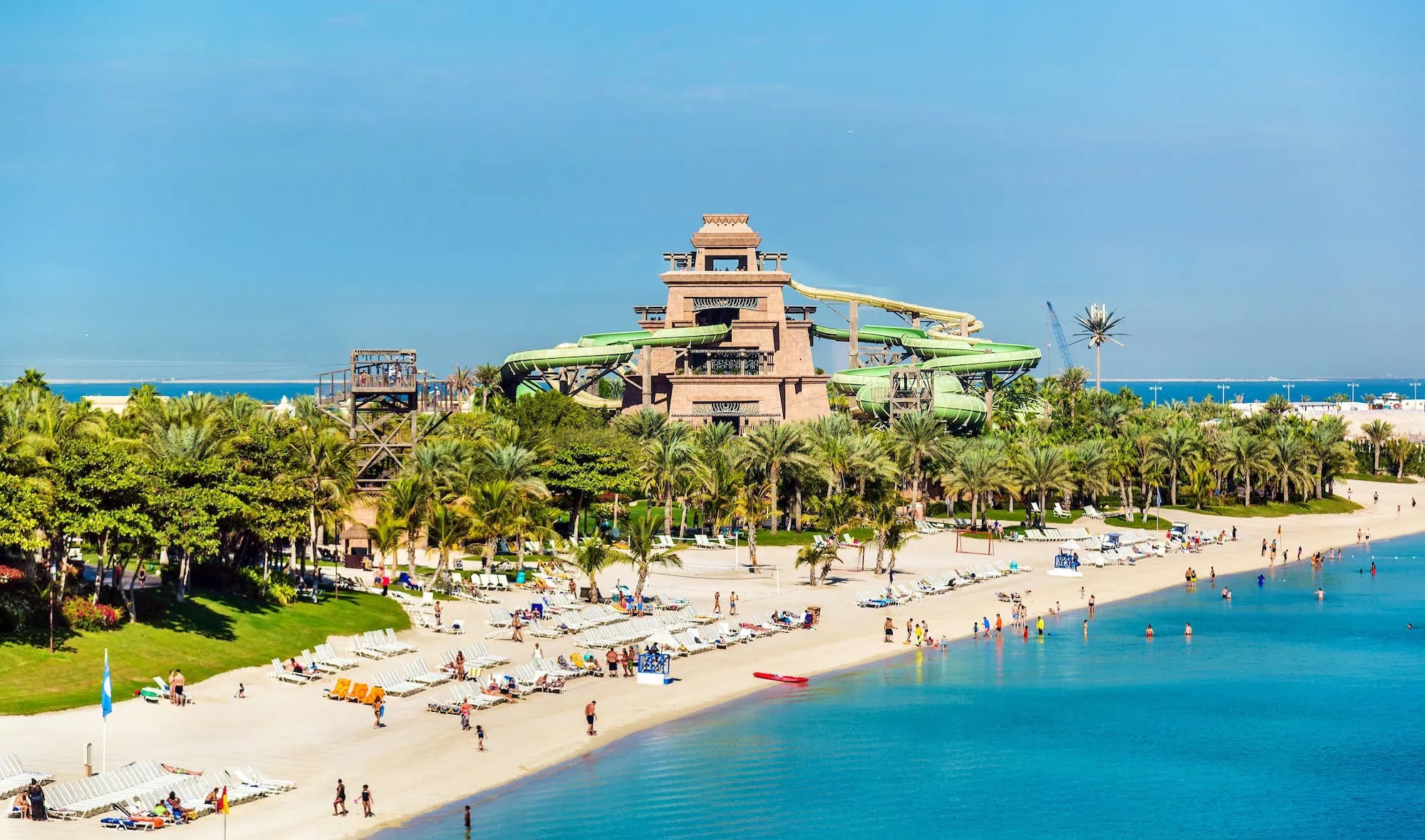 Aquaventure Waterpark at Atlantis resort Dubai showing water slides, beach and palm trees