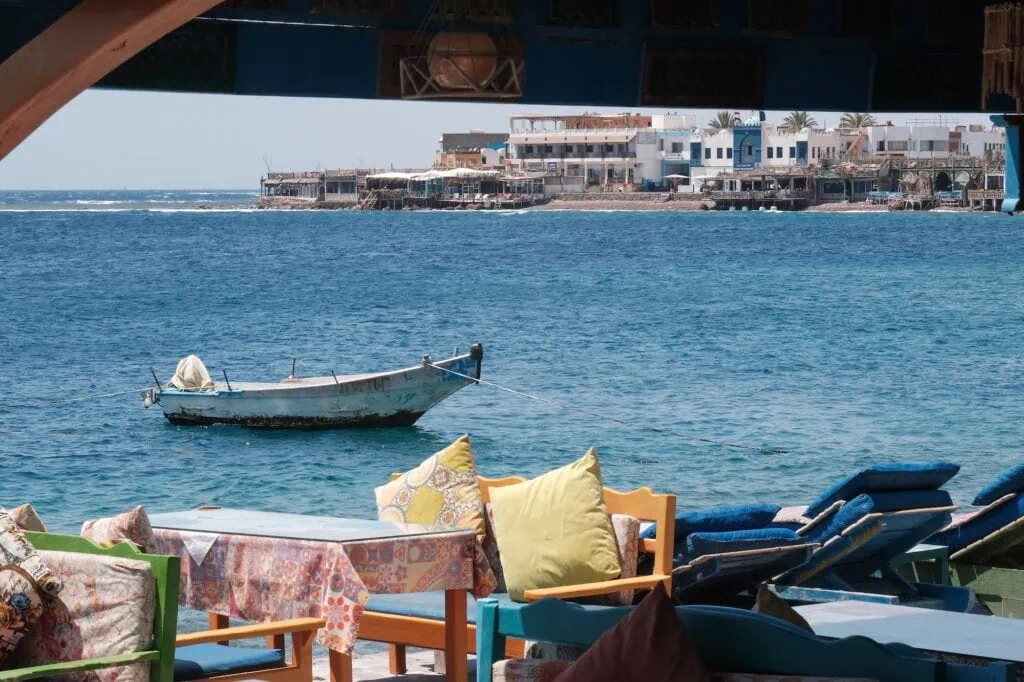 View of Dahab town and the Red Sea from a seaside restaurant