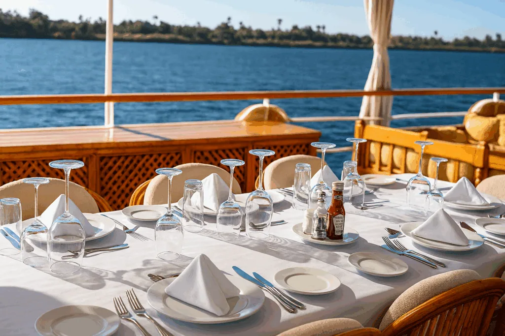 Open-deck dining table set for lunch aboard a traditional Dahabiya sailing the Upper Nile, with white linen, place settings, and the green Nile riverbank visible beyond the railing, characteristic of midday onboard rhythm between morning excursion and afternoon sailing