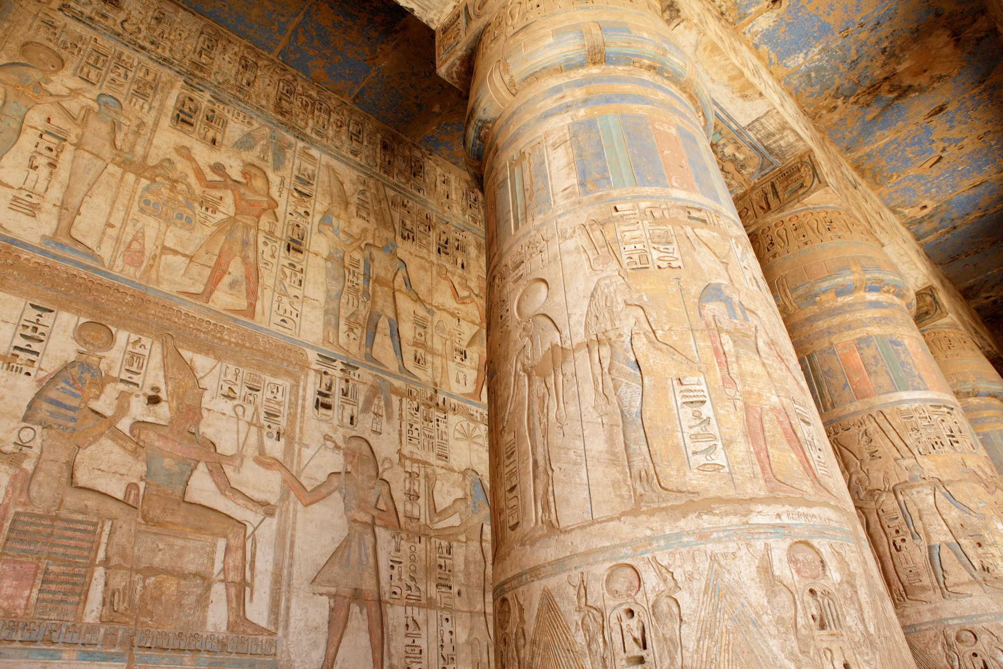 Decorations in the peristyle hall of the Mortuary Temple of Ramesses III of Medinet Habu Luxor Egypt