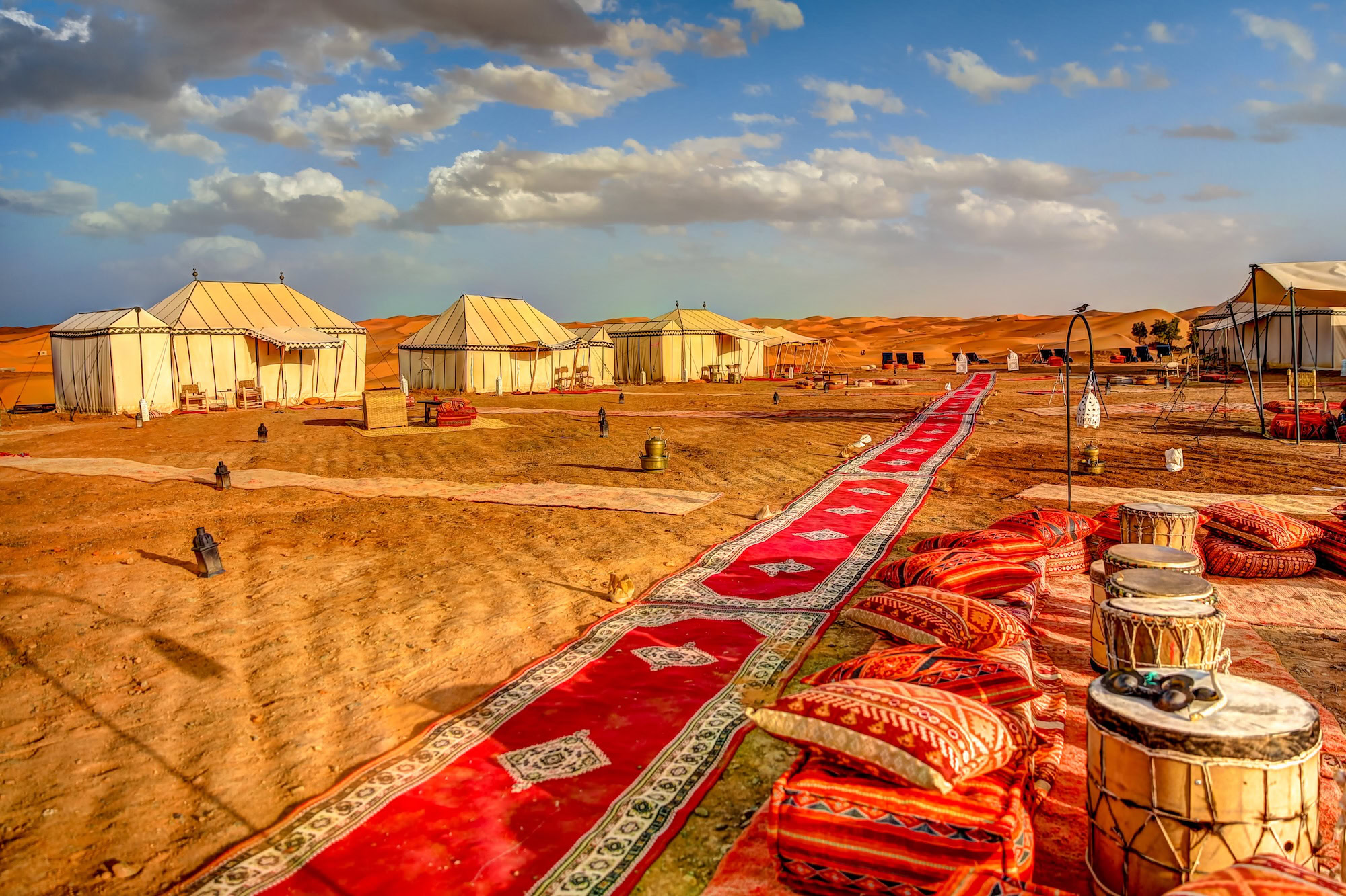 Desert tents at a luxury camp site at Erg Chebbi in the Moroccan Sahara