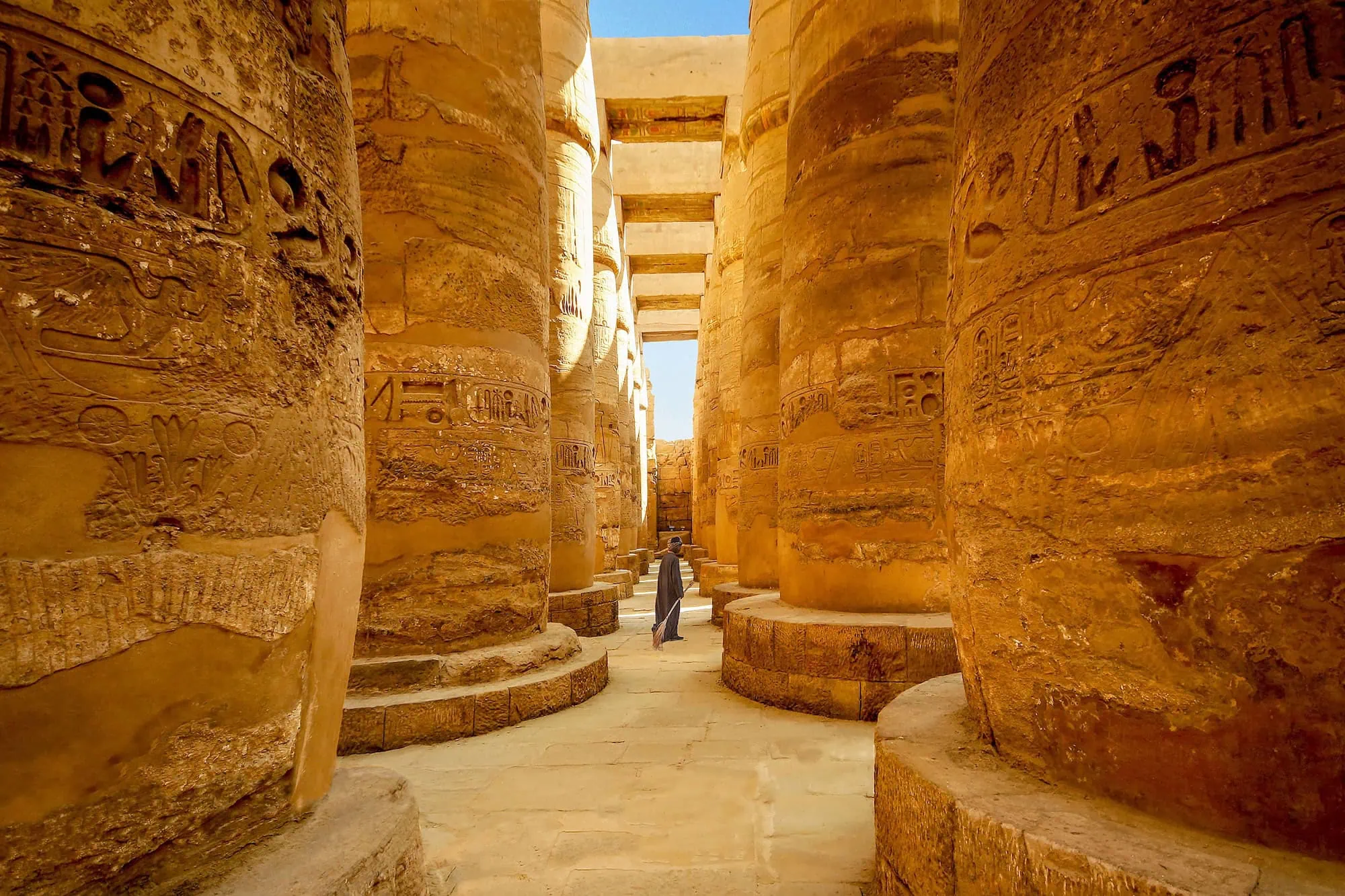 Sandstone columns of the Great Hypostyle Hall at Karnak Temple in Luxor, 134 columns in total covering 5,000 square metres, built primarily under Seti I and Ramses II in the 13th century BC.