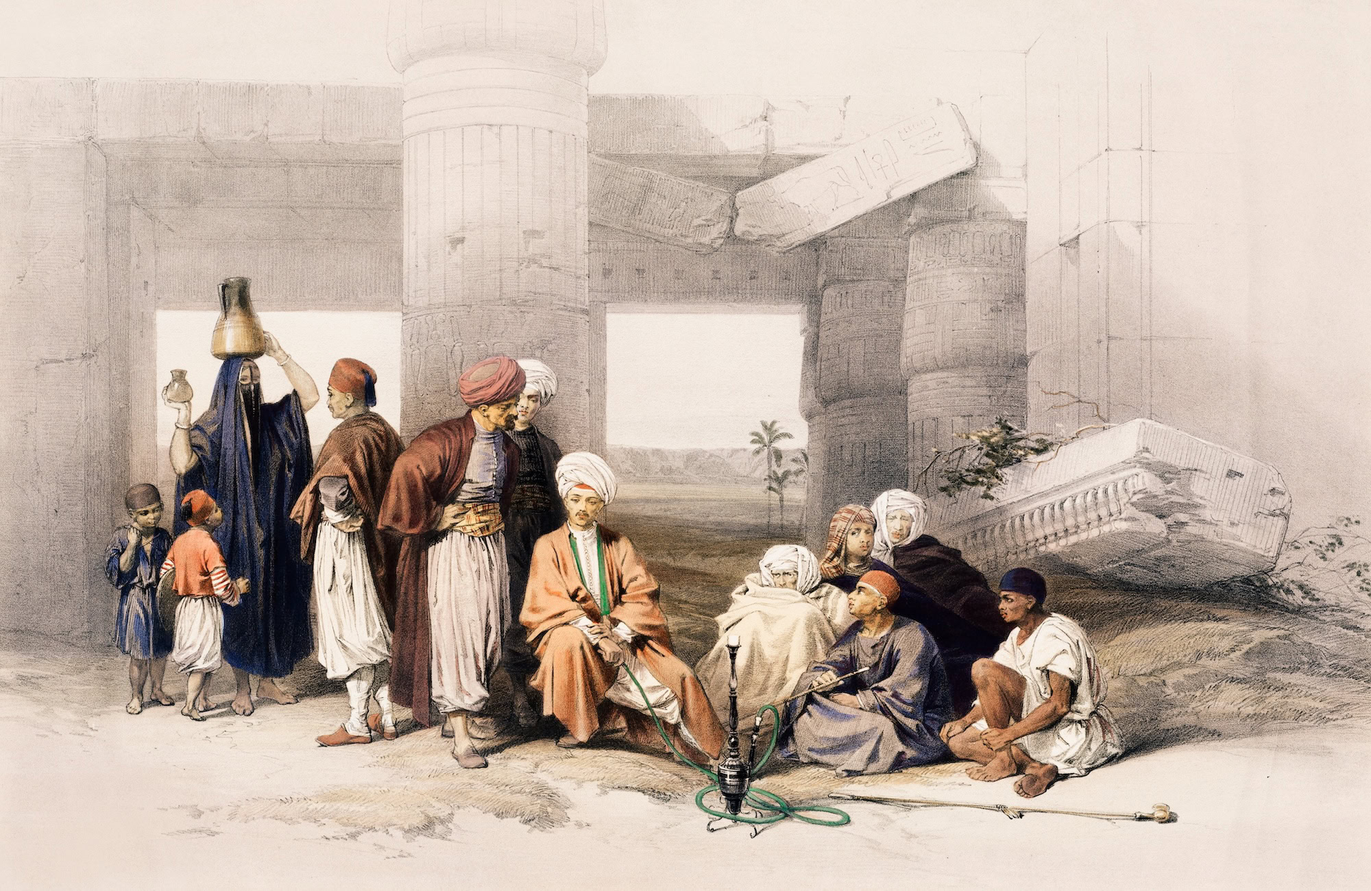 Ilustração histórica de exploradores em ruínas de templo egípcio com colunas antigas e hieróglifos