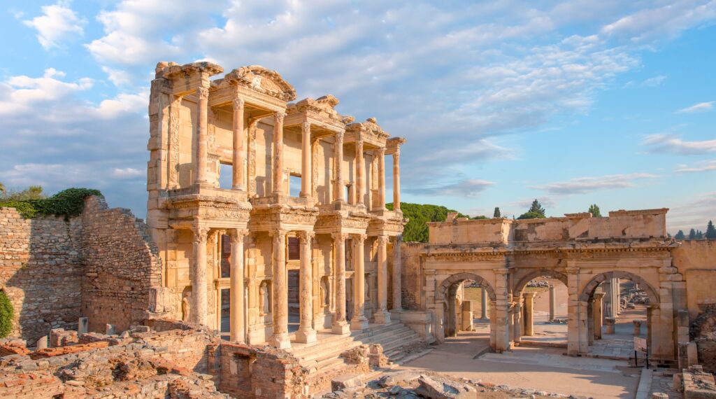 Celsus Library ruins with ornate columns in Ephesus