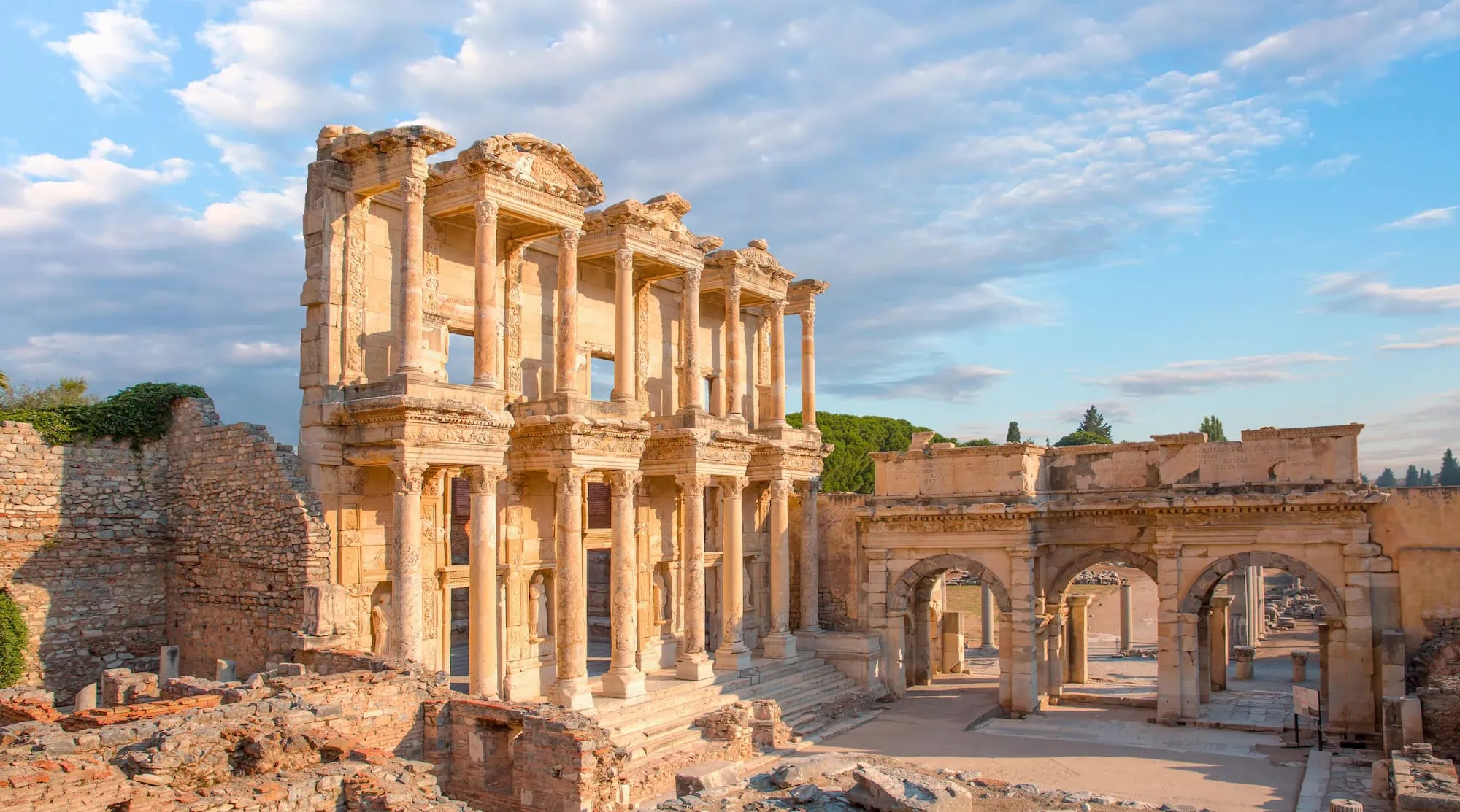 Ancient Library of Celsus ruins in Ephesus with classical marble columns and stone facade