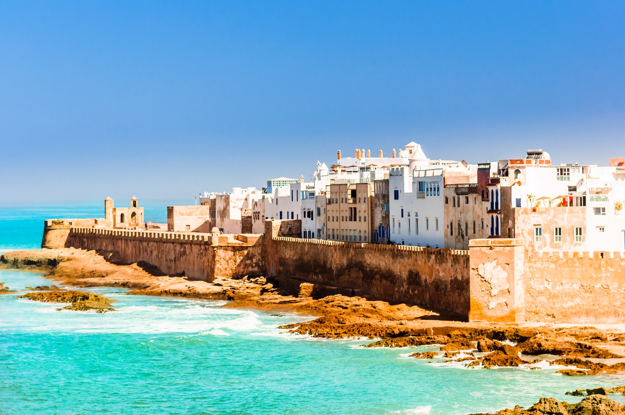 Coastal view of Essaouira's historic medina and ramparts along the Atlantic Ocean