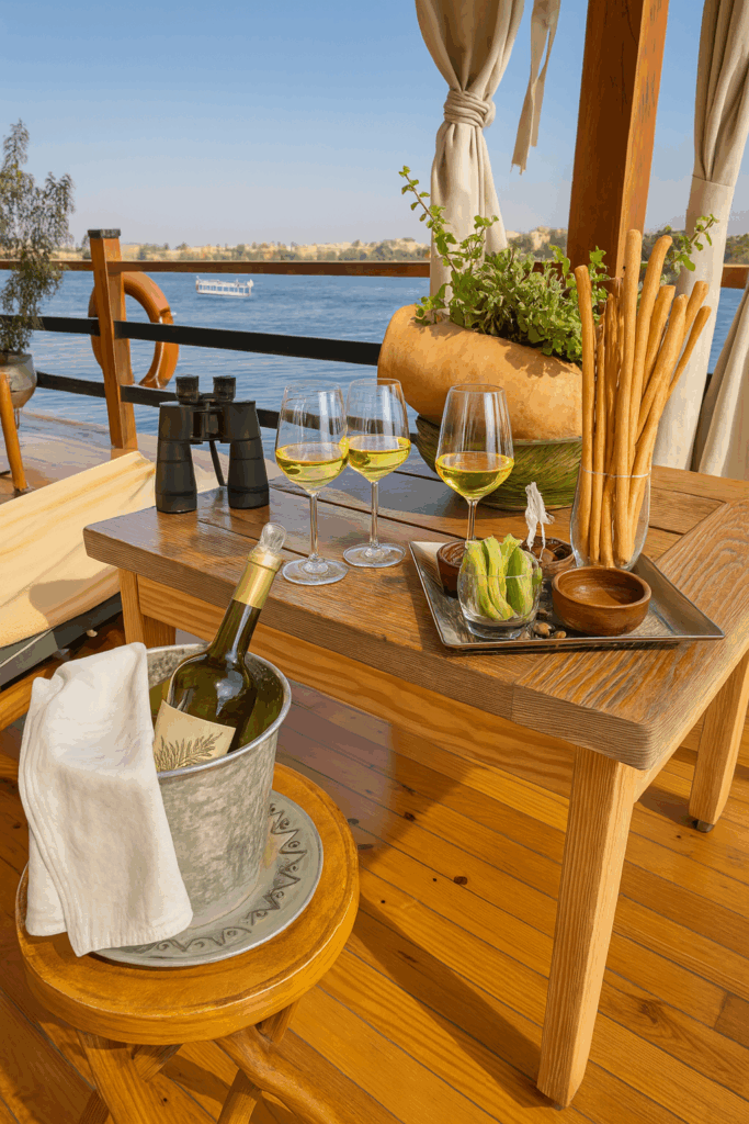 Wine glasses and snacks arranged on a table aboard a Nile river cruise